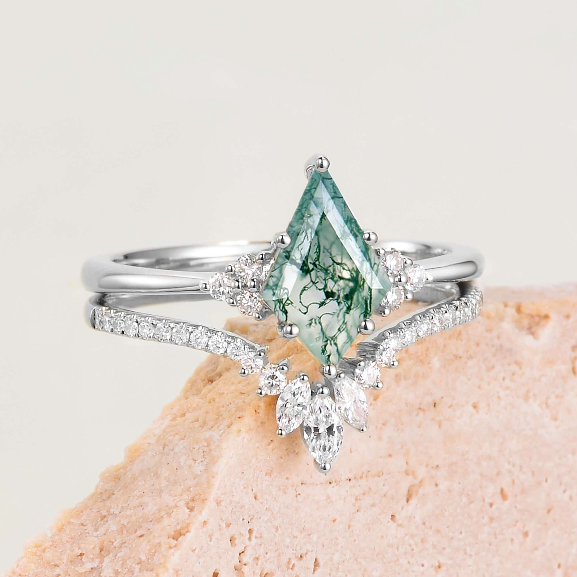 Kite Cut Green Moss Agate Nature Inspired Sterling Silver Bridal Ring Set