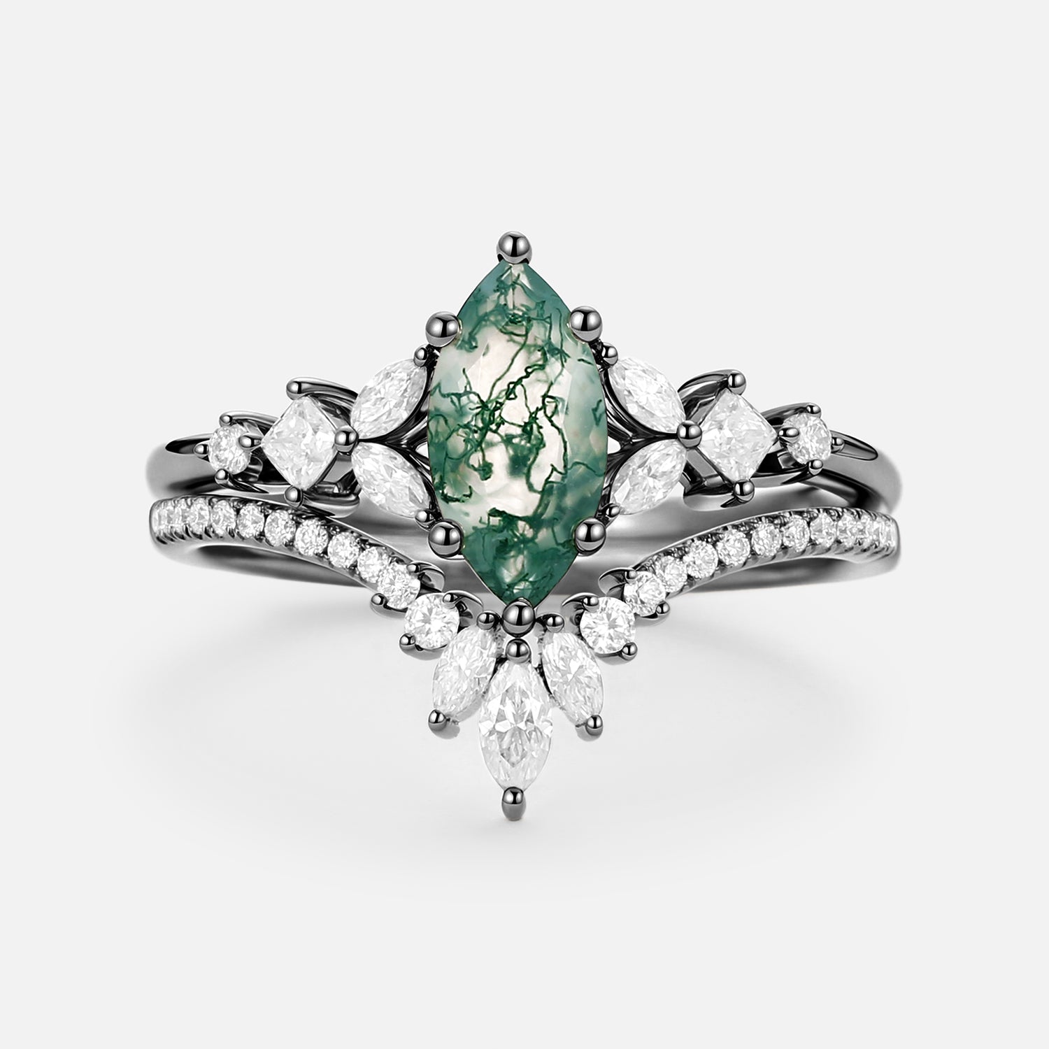 Marquise Cut Green Moss Agate Nature Inspired Sterling Silver Bridal Ring Set
