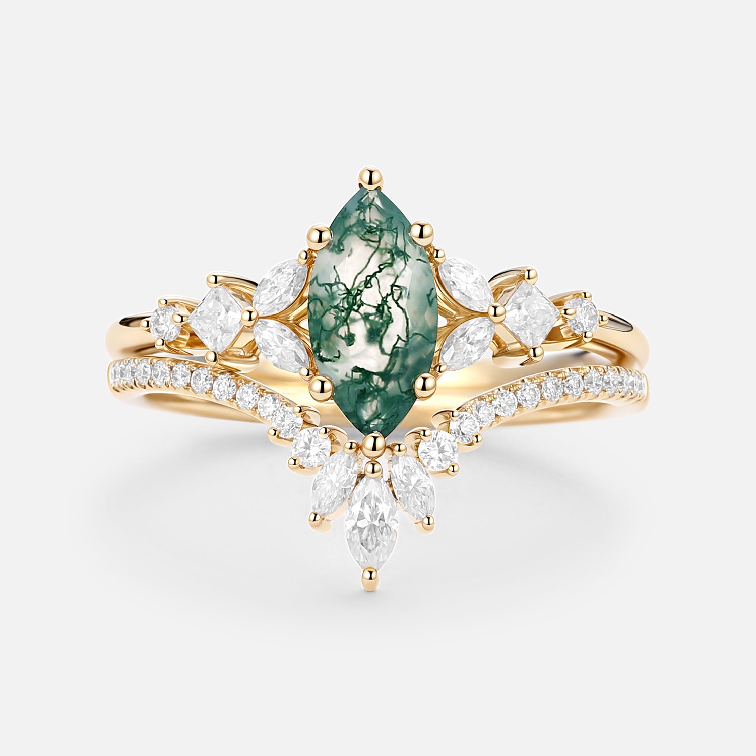 Marquise Cut Green Moss Agate Nature Inspired Sterling Silver Bridal Ring Set