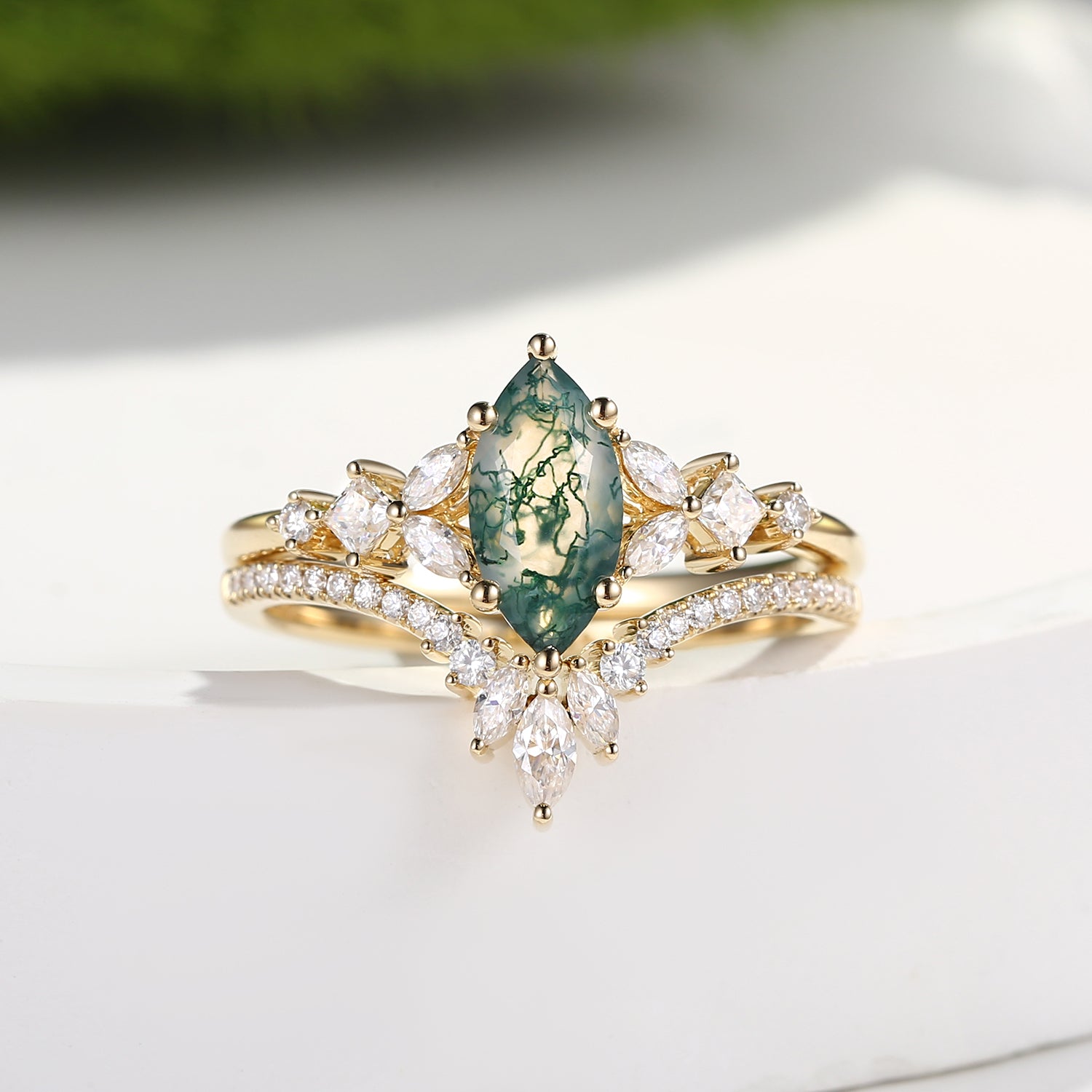 Marquise Cut Green Moss Agate Nature Inspired Sterling Silver Bridal Ring Set