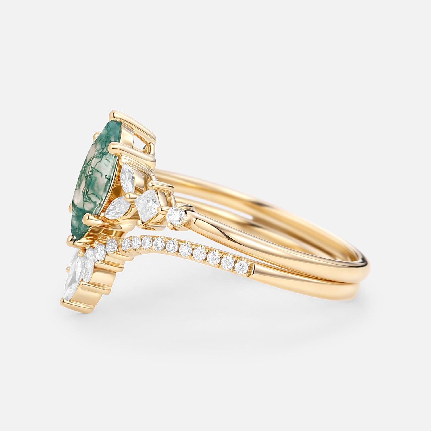 Marquise Cut Green Moss Agate Nature Inspired Sterling Silver Bridal Ring Set