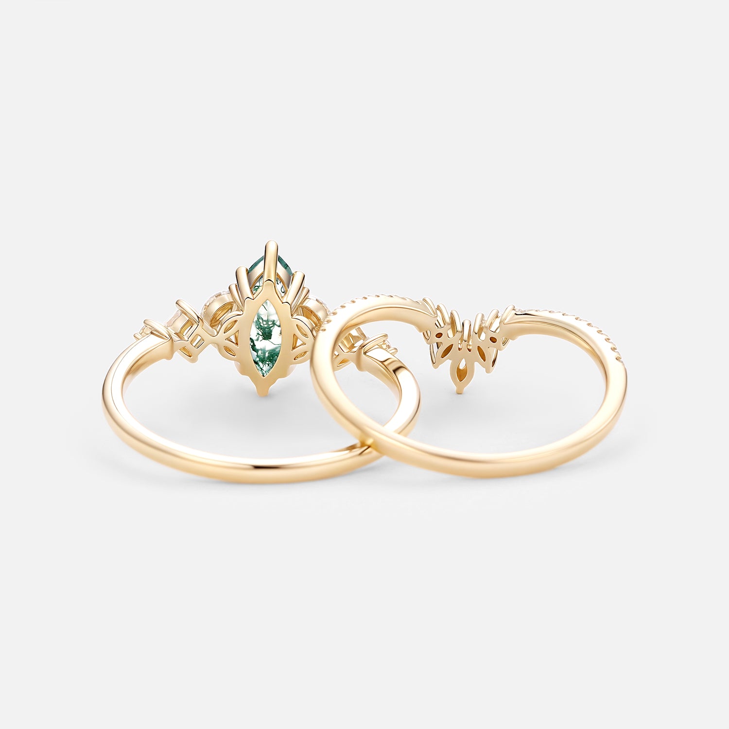 Marquise Cut Green Moss Agate Nature Inspired Sterling Silver Bridal Ring Set