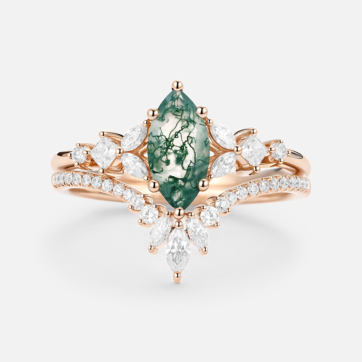 Marquise Cut Green Moss Agate Nature Inspired Sterling Silver Bridal Ring Set