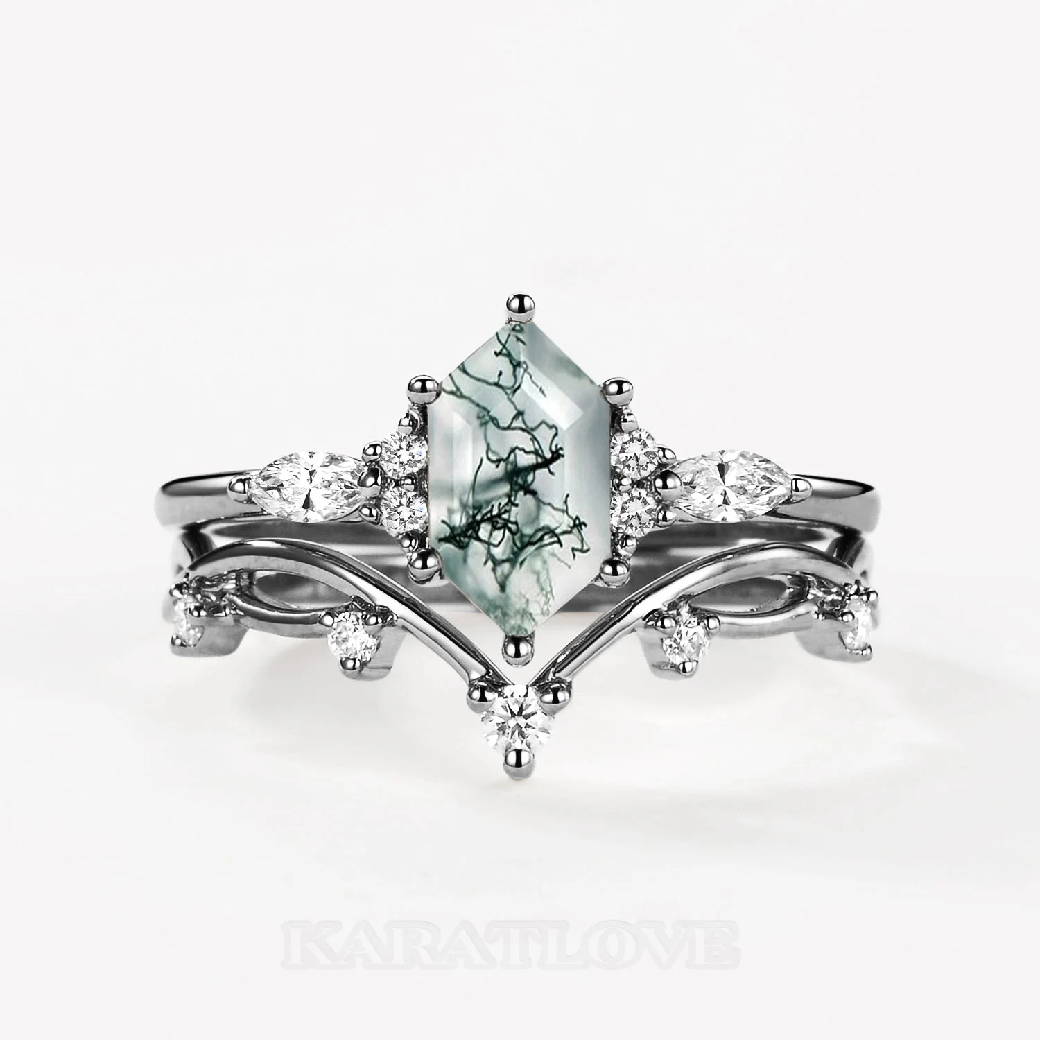 Hexagonal Cut Green Moss Agate Nature Inspired Sterling Silver Bridal Ring Set