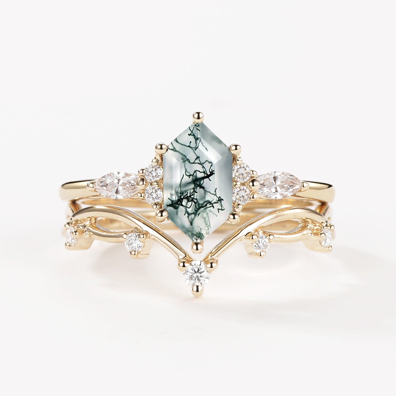 Hexagonal Cut Green Moss Agate Nature Inspired Sterling Silver Bridal Ring Set