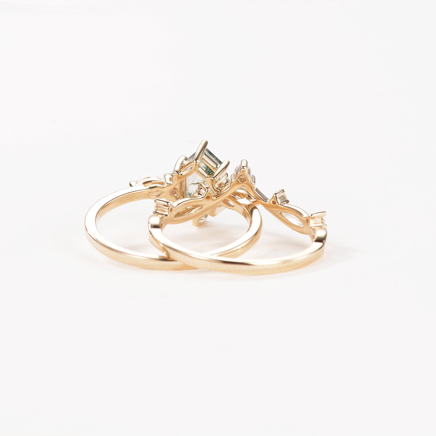 Hexagonal Cut Green Moss Agate Nature Inspired Sterling Silver Bridal Ring Set