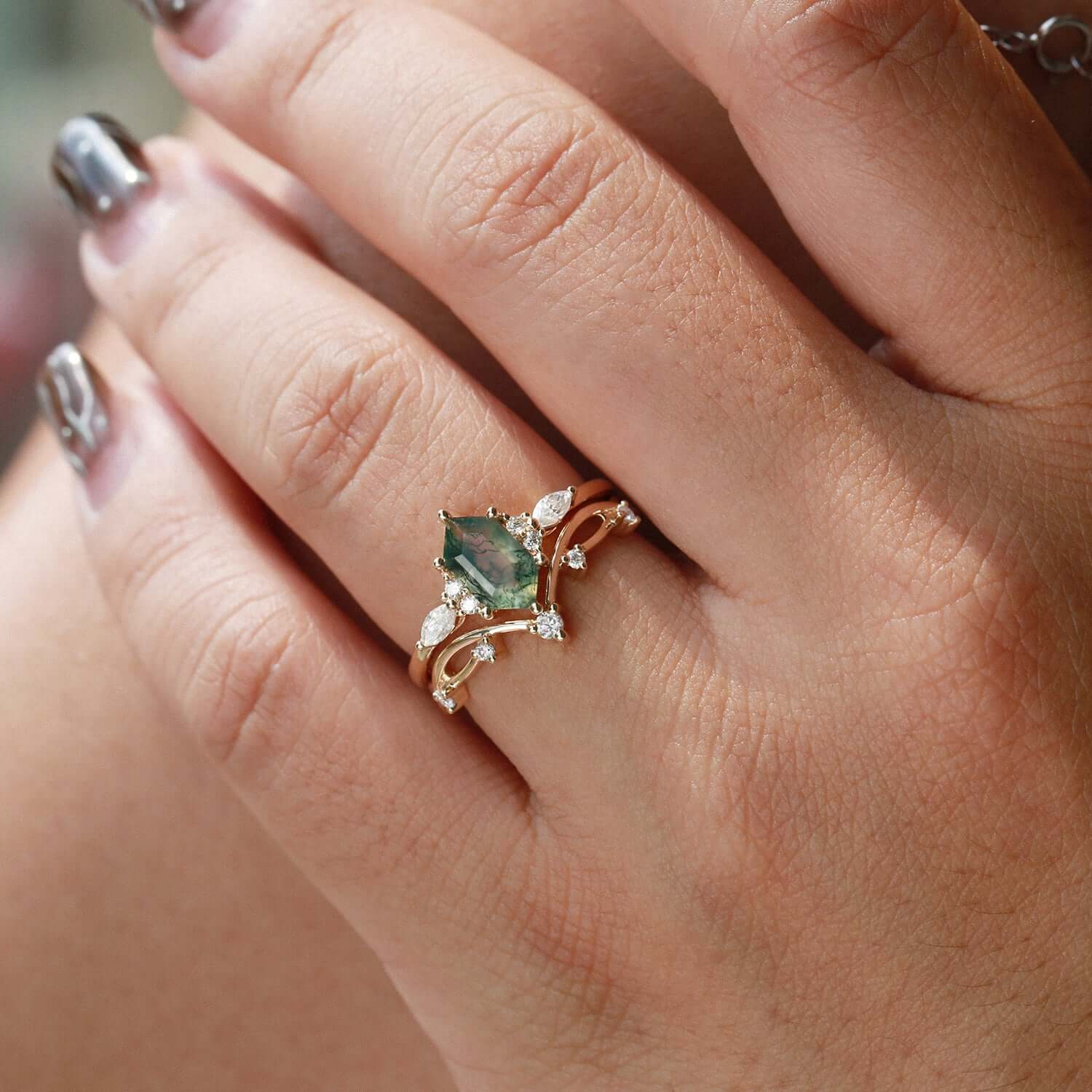 Hexagonal Cut Green Moss Agate Nature Inspired Sterling Silver Bridal Ring Set