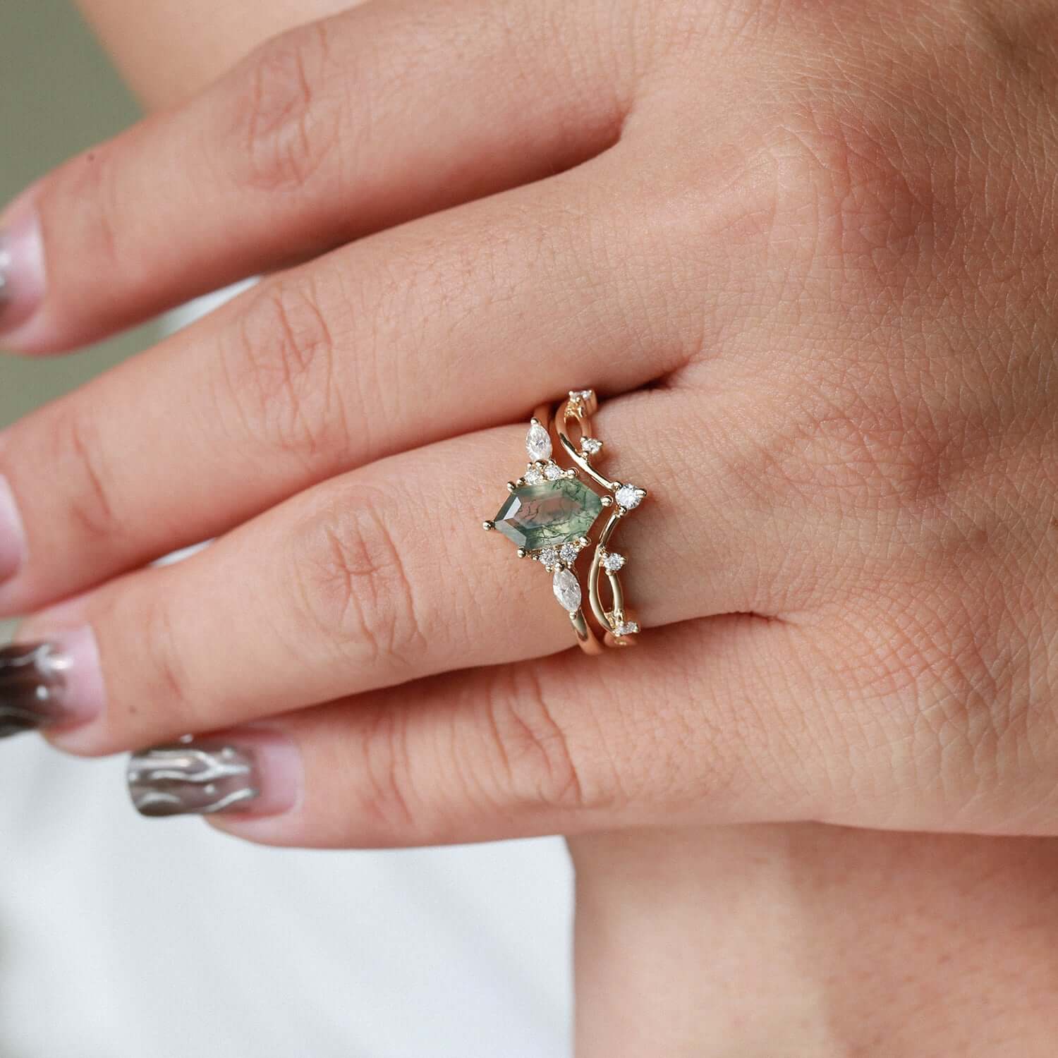 Hexagonal Cut Green Moss Agate Nature Inspired Sterling Silver Bridal Ring Set