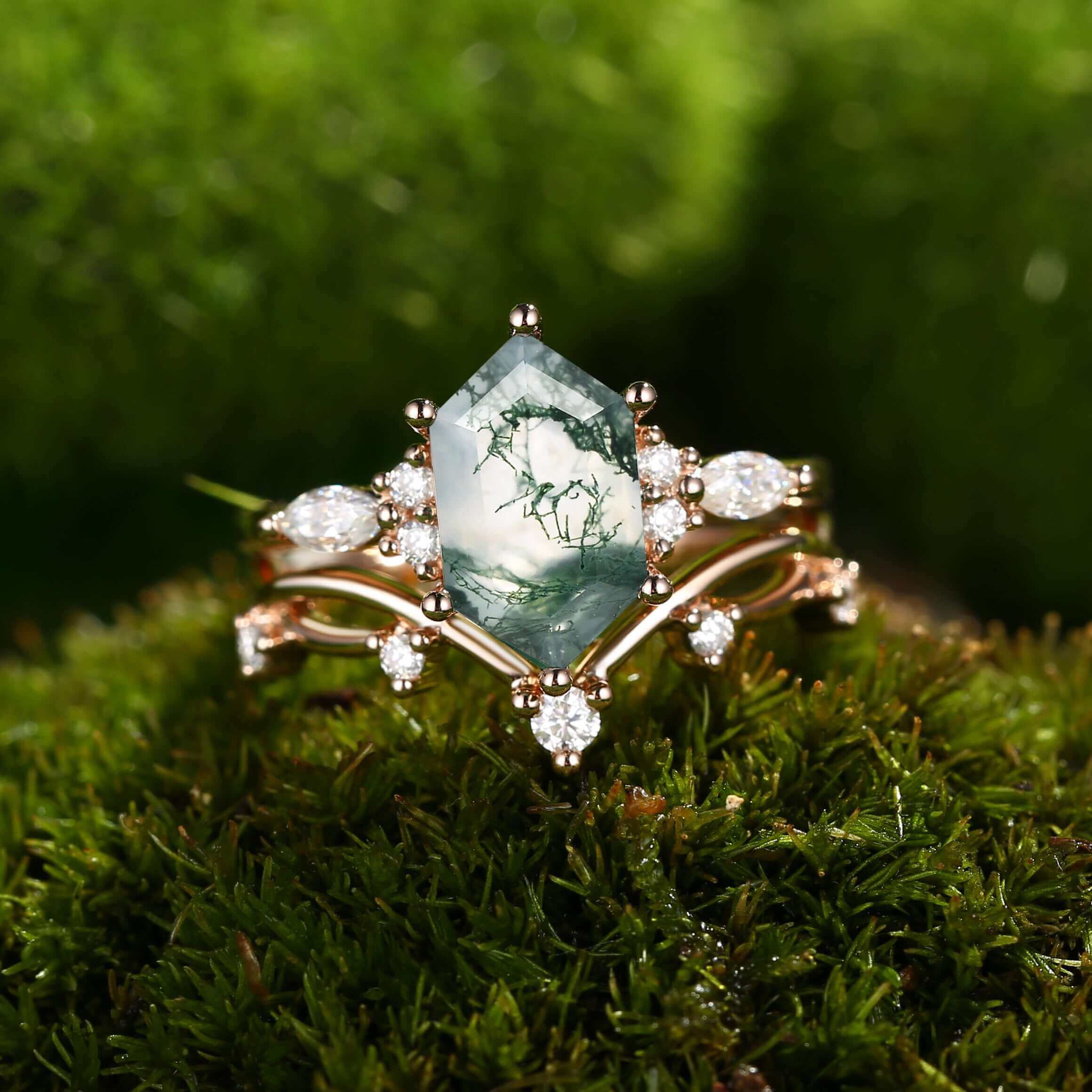 Hexagonal Cut Green Moss Agate Nature Inspired Sterling Silver Bridal Ring Set