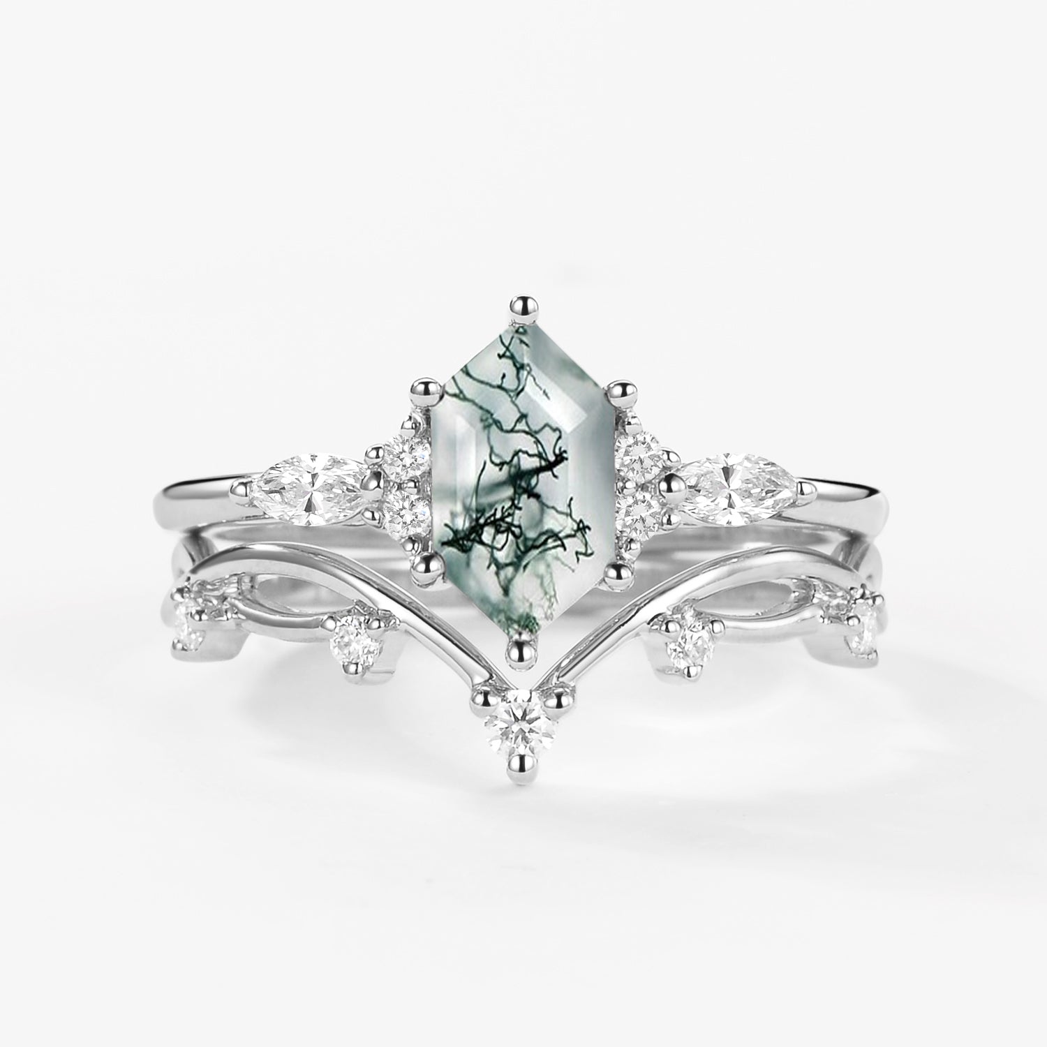 Hexagonal Cut Green Moss Agate Nature Inspired Sterling Silver Bridal Ring Set