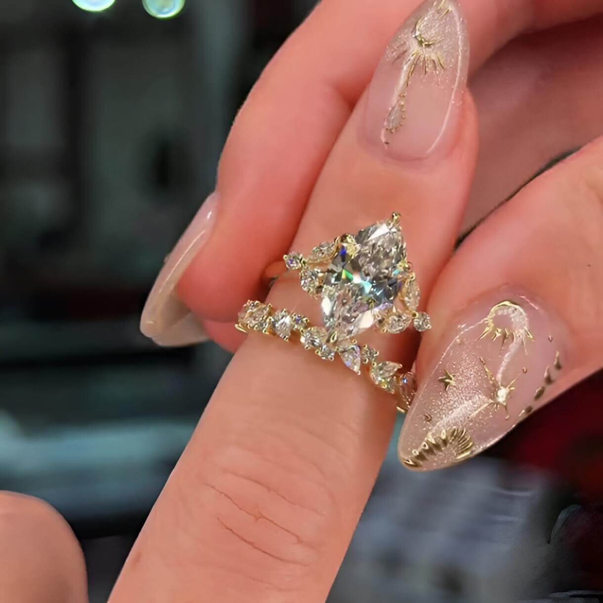 Marquise Cut Diamond White Sterling Silver Yellow Gold Art Deco Bridal Ring Sets