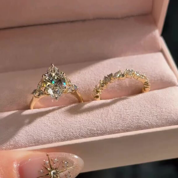 Marquise Cut Diamond White Sterling Silver Yellow Gold Art Deco Bridal Ring Sets