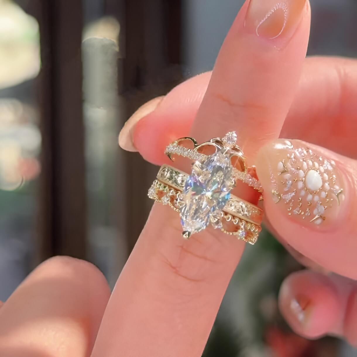 Marquise Cut Diamond White Sterling Silver Yellow Gold Crown 3-Piece Bridal Ring Sets