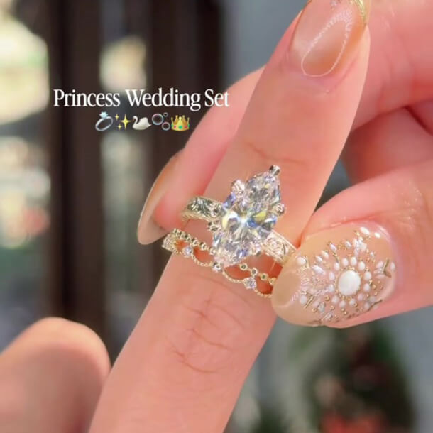 Marquise Cut Diamond White Sterling Silver Yellow Gold Crown 3-Piece Bridal Ring Sets