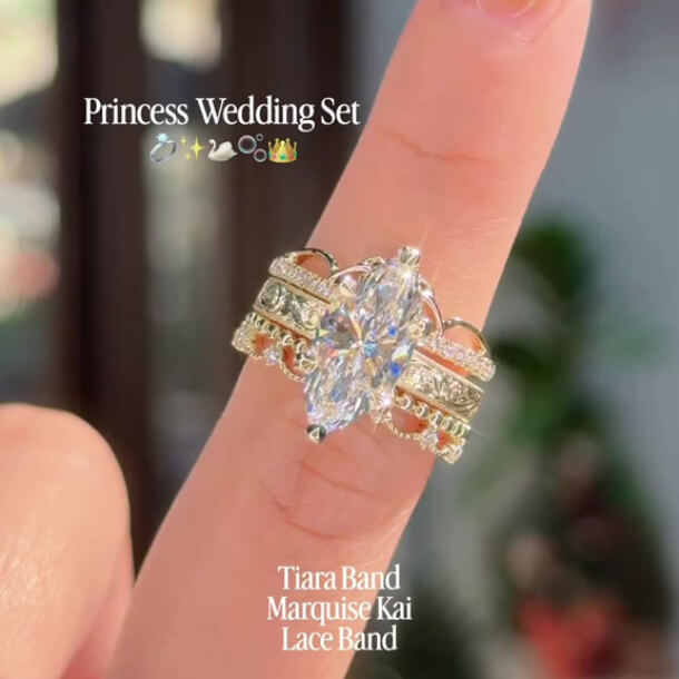 Marquise Cut Diamond White Sterling Silver Yellow Gold Crown 3-Piece Bridal Ring Sets