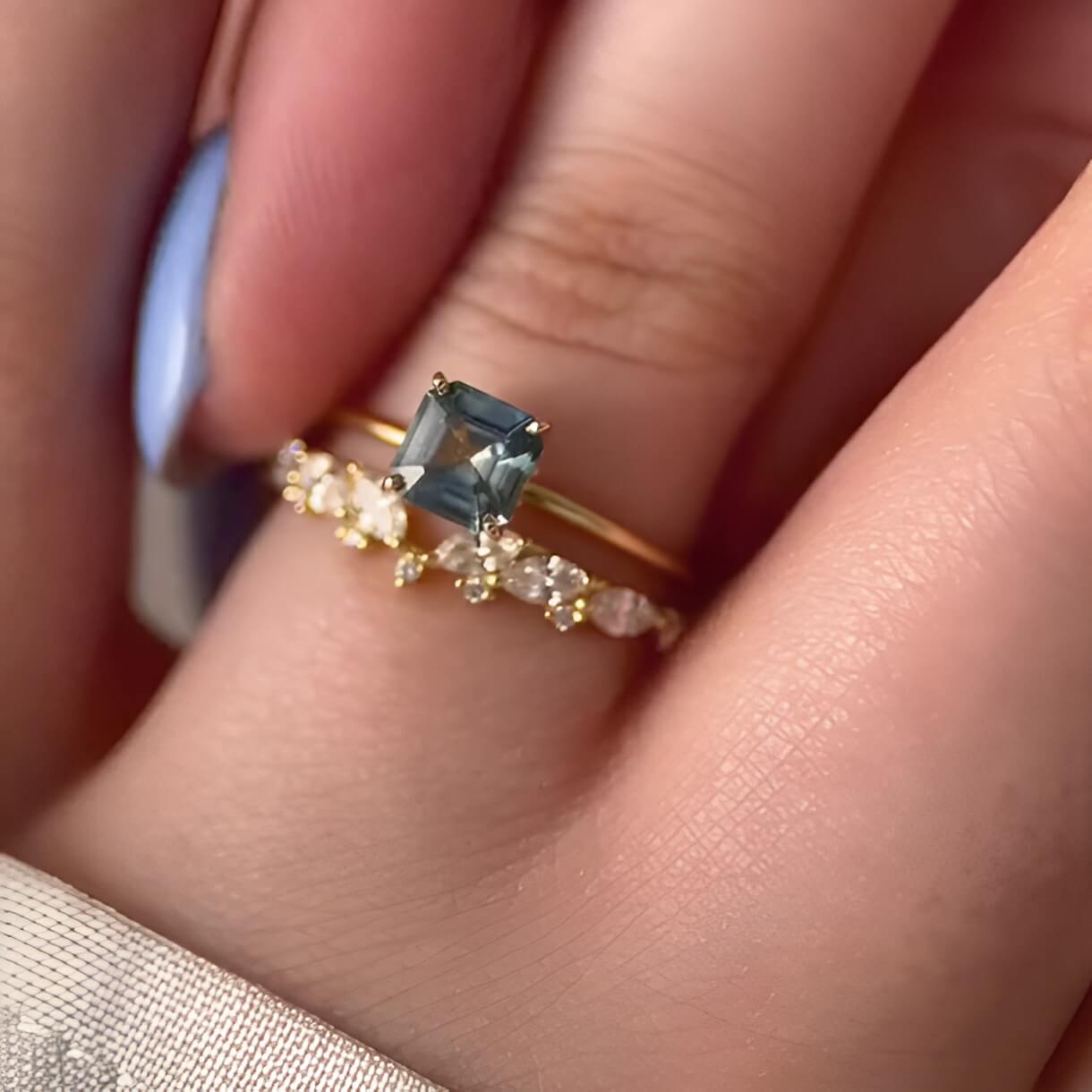 Asscher Cut Aquamarine Blue Sterling Silver Yellow Gold Bridal Ring Sets