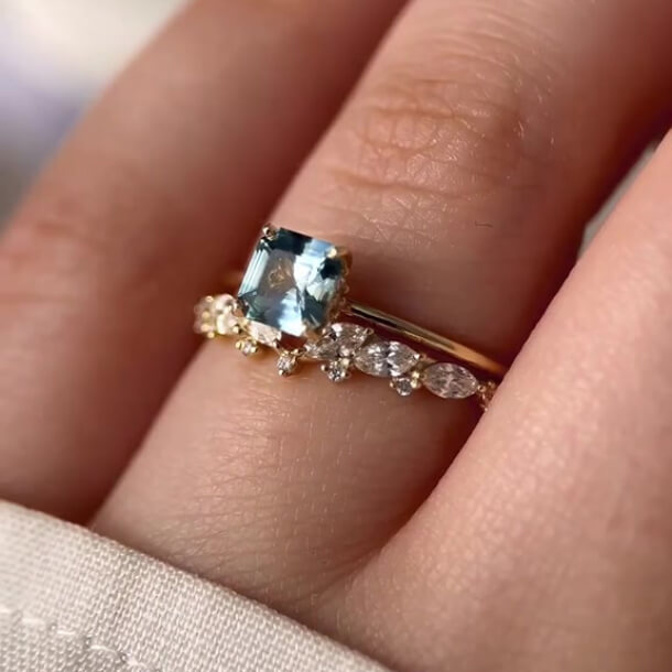 Asscher Cut Aquamarine Blue Sterling Silver Yellow Gold Bridal Ring Sets