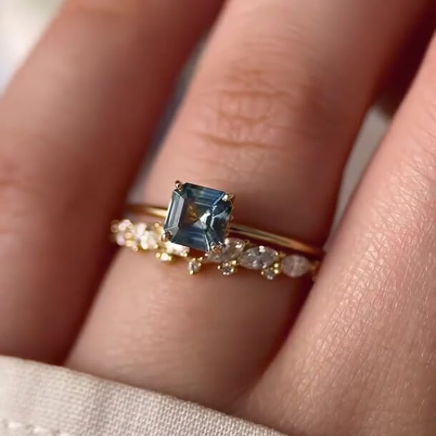 Asscher Cut Aquamarine Blue Sterling Silver Yellow Gold Bridal Ring Sets