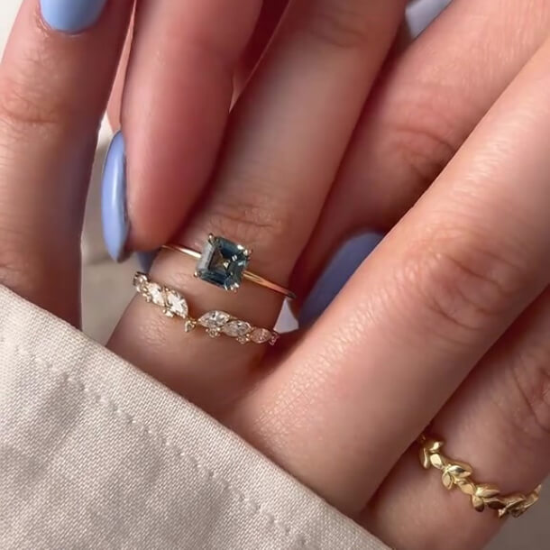 Asscher Cut Aquamarine Blue Sterling Silver Yellow Gold Bridal Ring Sets