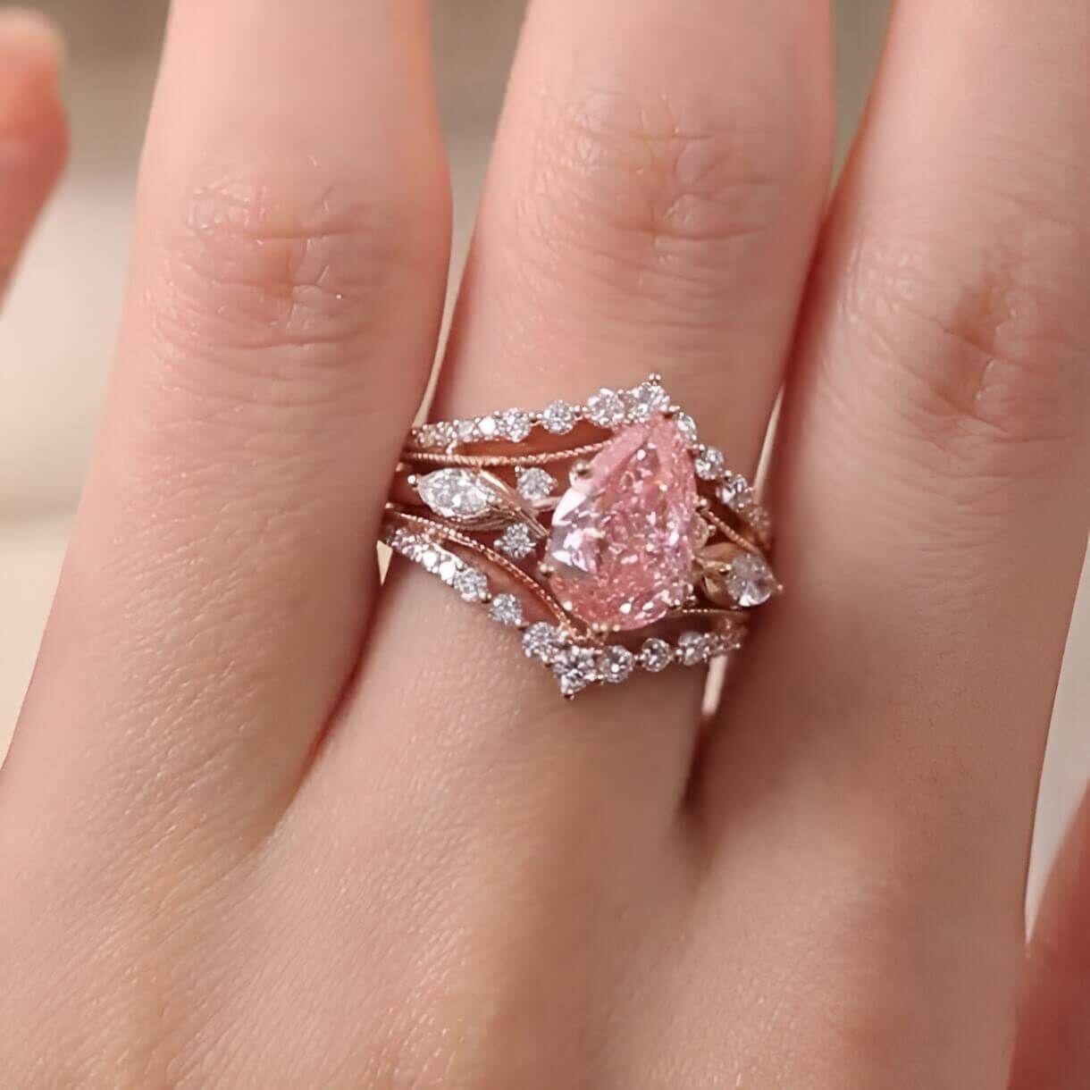 Pear Cut Fancy Pink Sterling Silver Rose Gold Enhancer Bridal Ring Sets