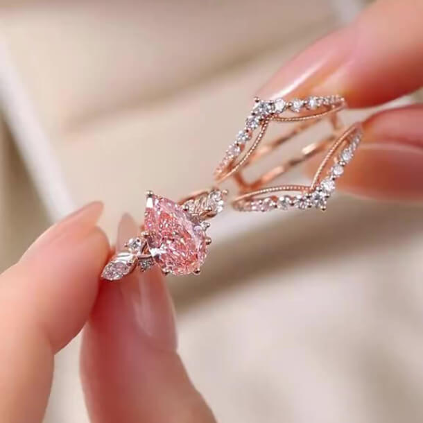 Pear Cut Fancy Pink Sterling Silver Rose Gold Enhancer Bridal Ring Sets