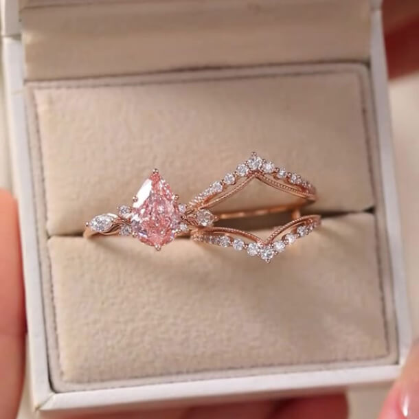 Pear Cut Fancy Pink Sterling Silver Rose Gold Enhancer Bridal Ring Sets