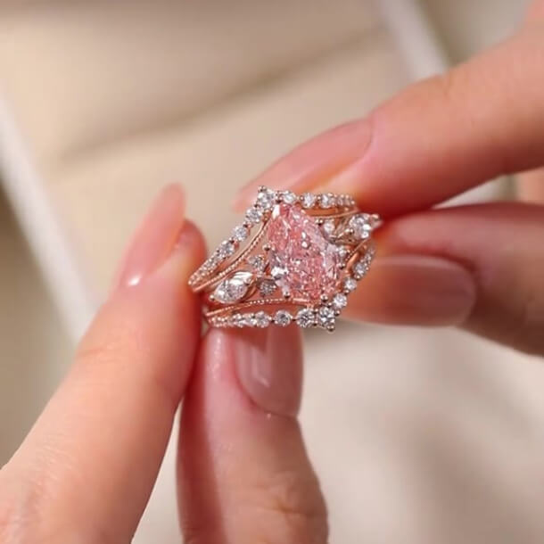 Pear Cut Fancy Pink Sterling Silver Rose Gold Enhancer Bridal Ring Sets