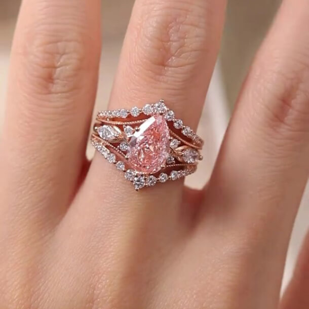 Pear Cut Fancy Pink Sterling Silver Rose Gold Enhancer Bridal Ring Sets