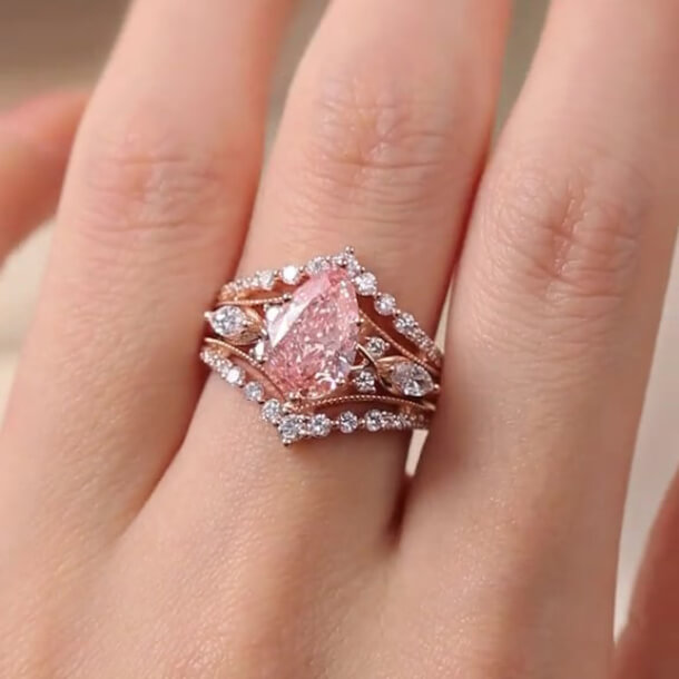 Pear Cut Fancy Pink Sterling Silver Rose Gold Enhancer Bridal Ring Sets