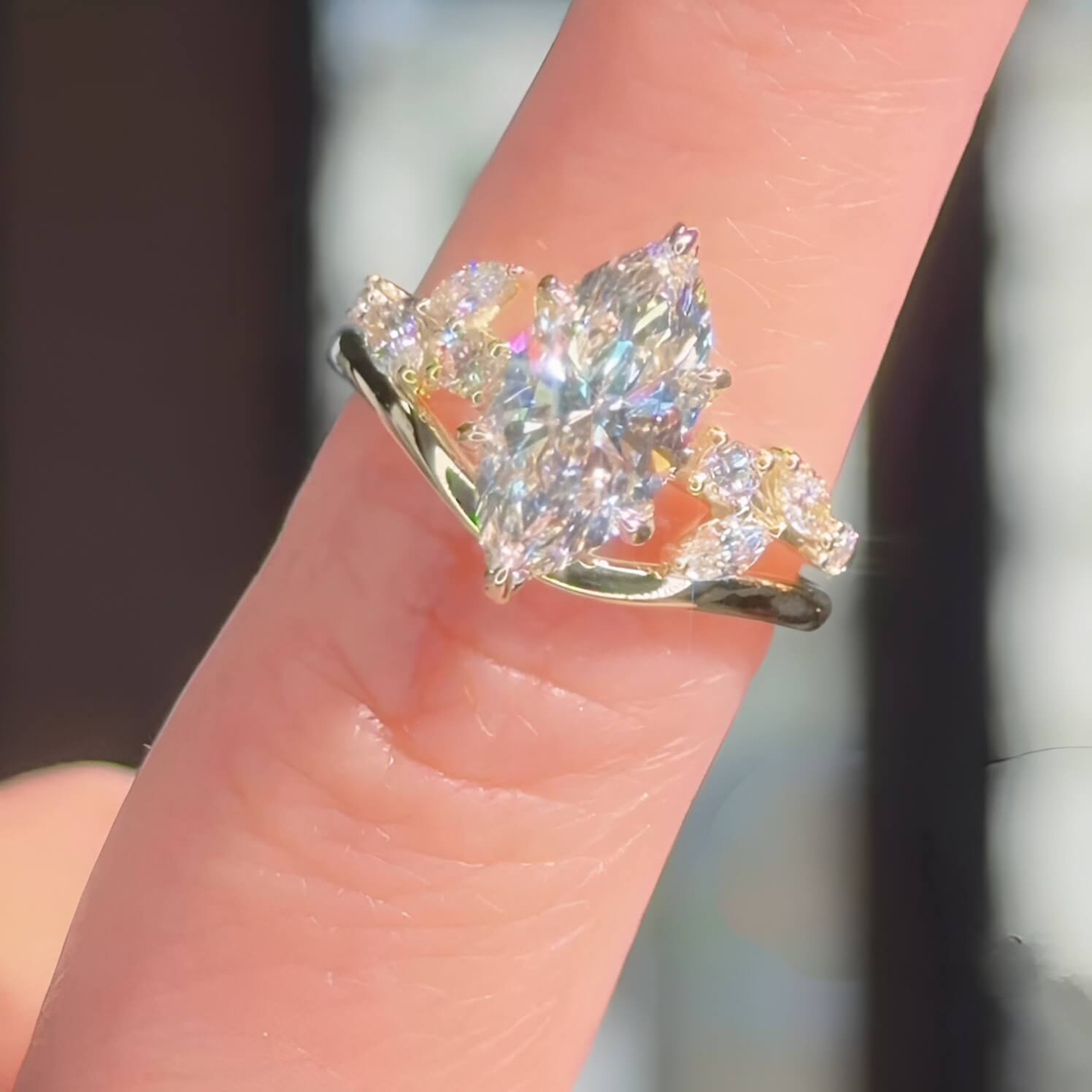 Marquise Cut Diamond White Sterling Silver Yellow Gold Art Deco Bridal Ring Sets