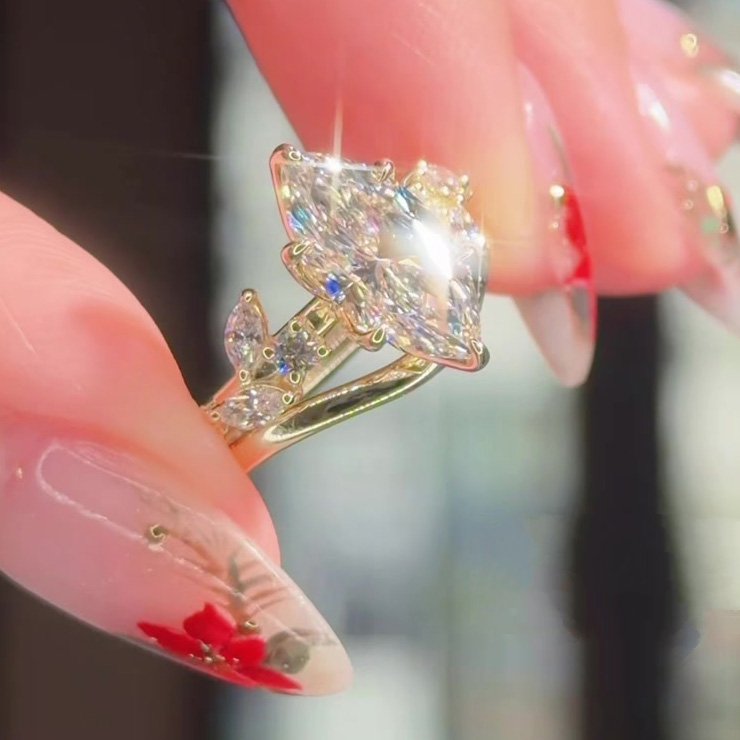 Marquise Cut Diamond White Sterling Silver Yellow Gold Art Deco Bridal Ring Sets