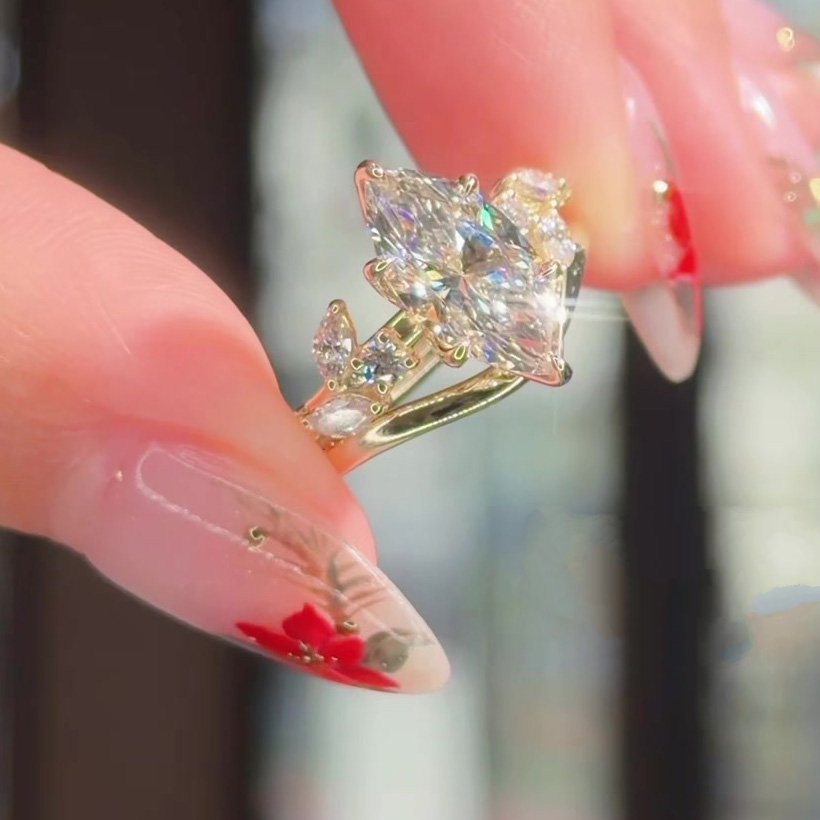 Marquise Cut Diamond White Sterling Silver Yellow Gold Art Deco Bridal Ring Sets