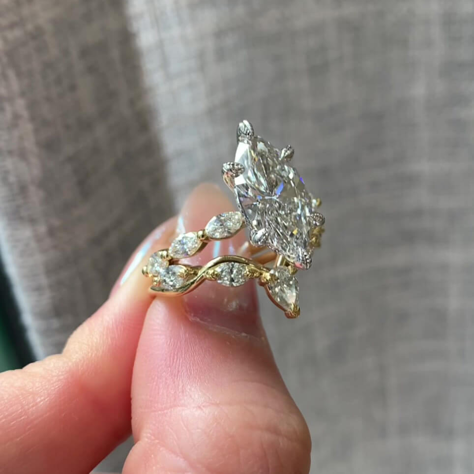 Marquise Cut Diamond White Sterling Silver Yellow Gold Art Deco Bridal Ring Sets