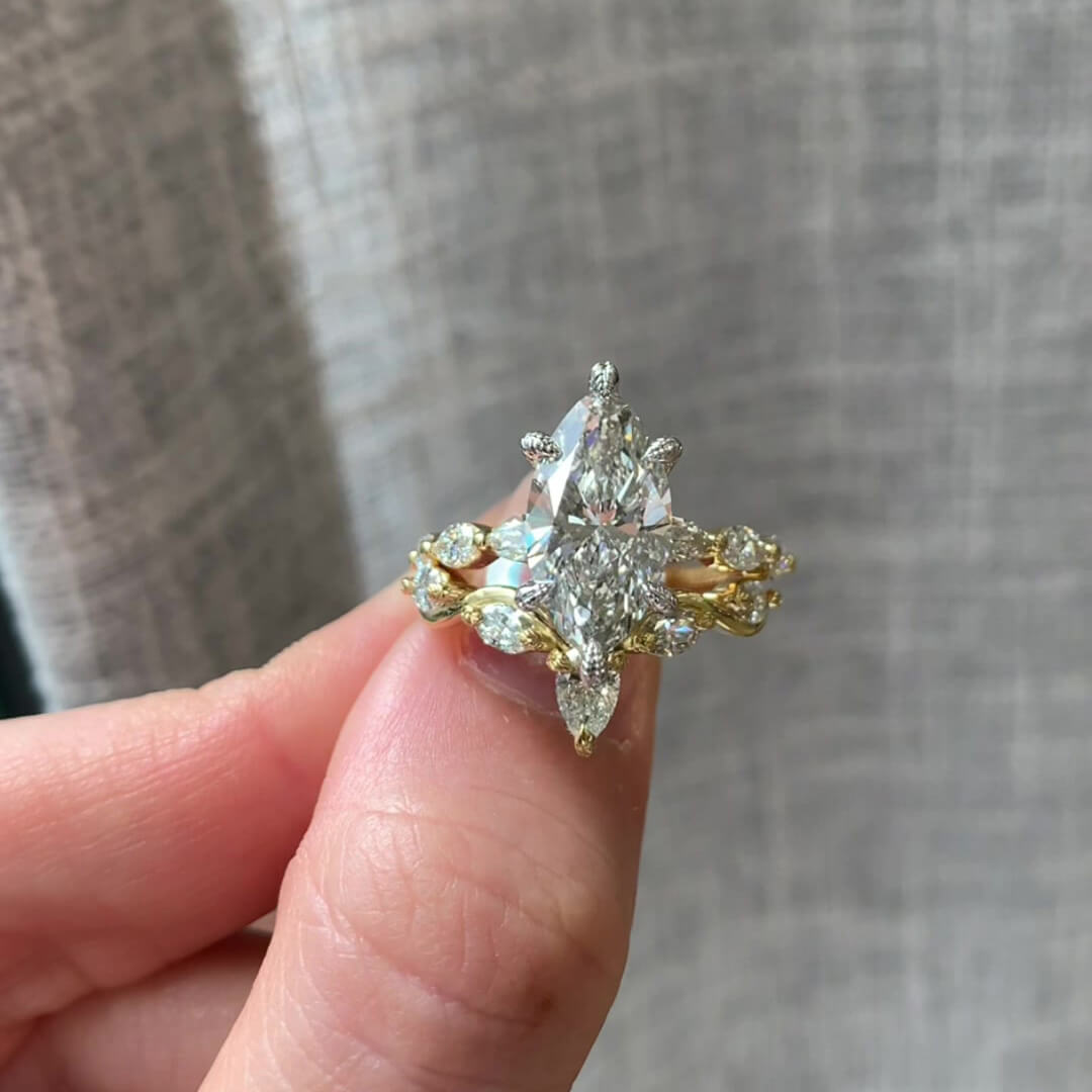 Marquise Cut Diamond White Sterling Silver Yellow Gold Art Deco Bridal Ring Sets