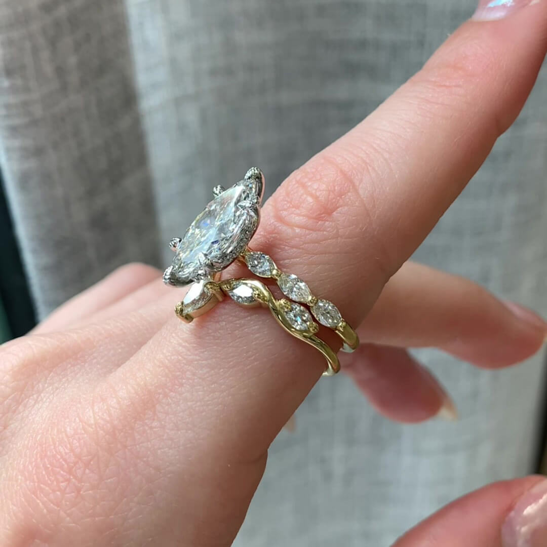 Marquise Cut Diamond White Sterling Silver Yellow Gold Art Deco Bridal Ring Sets