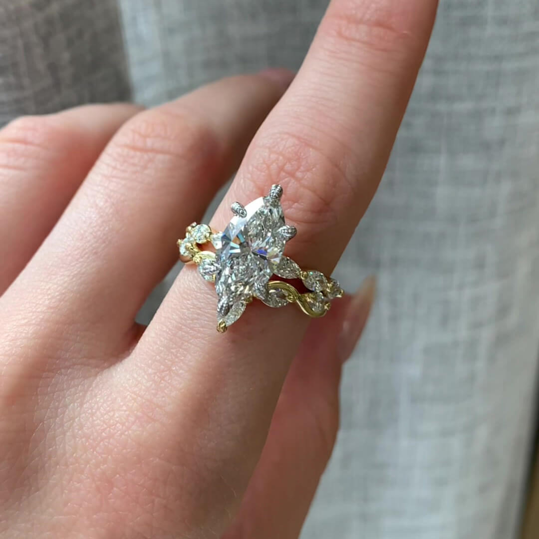 Marquise Cut Diamond White Sterling Silver Yellow Gold Art Deco Bridal Ring Sets