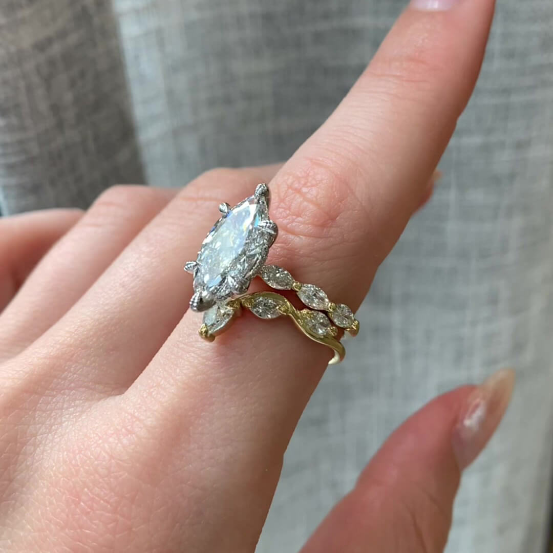 Marquise Cut Diamond White Sterling Silver Yellow Gold Art Deco Bridal Ring Sets