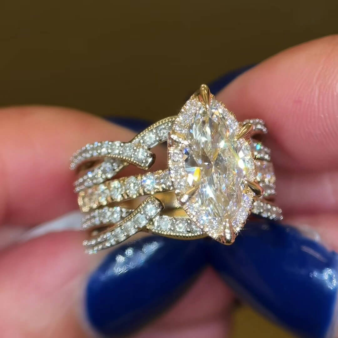 Marquise Cut Diamond White Sterling Silver Yellow Gold Halo Enhancer Bridal Ring Sets