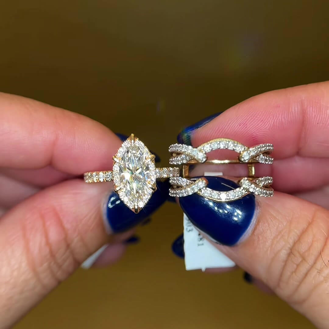 Marquise Cut Diamond White Sterling Silver Yellow Gold Halo Enhancer Bridal Ring Sets