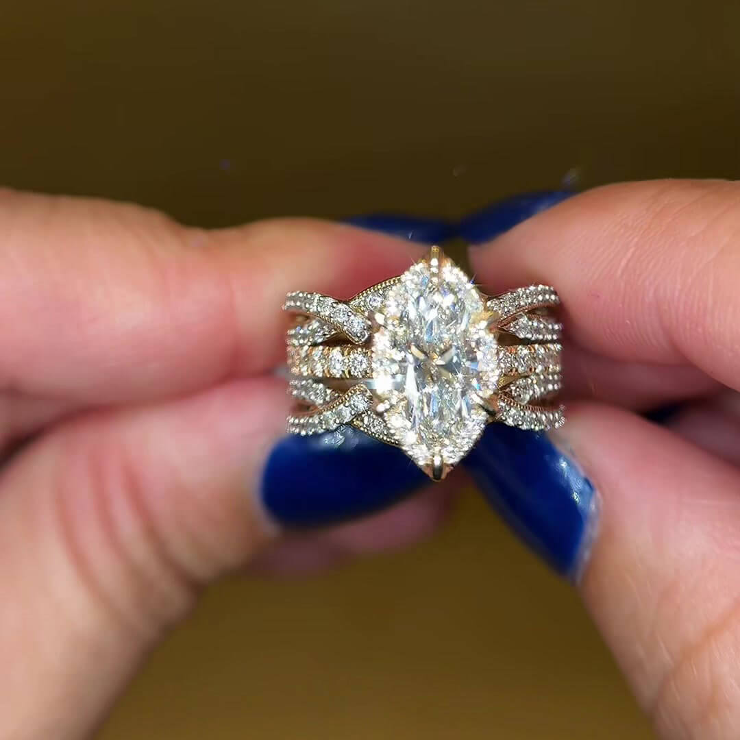 Marquise Cut Diamond White Sterling Silver Yellow Gold Halo Enhancer Bridal Ring Sets