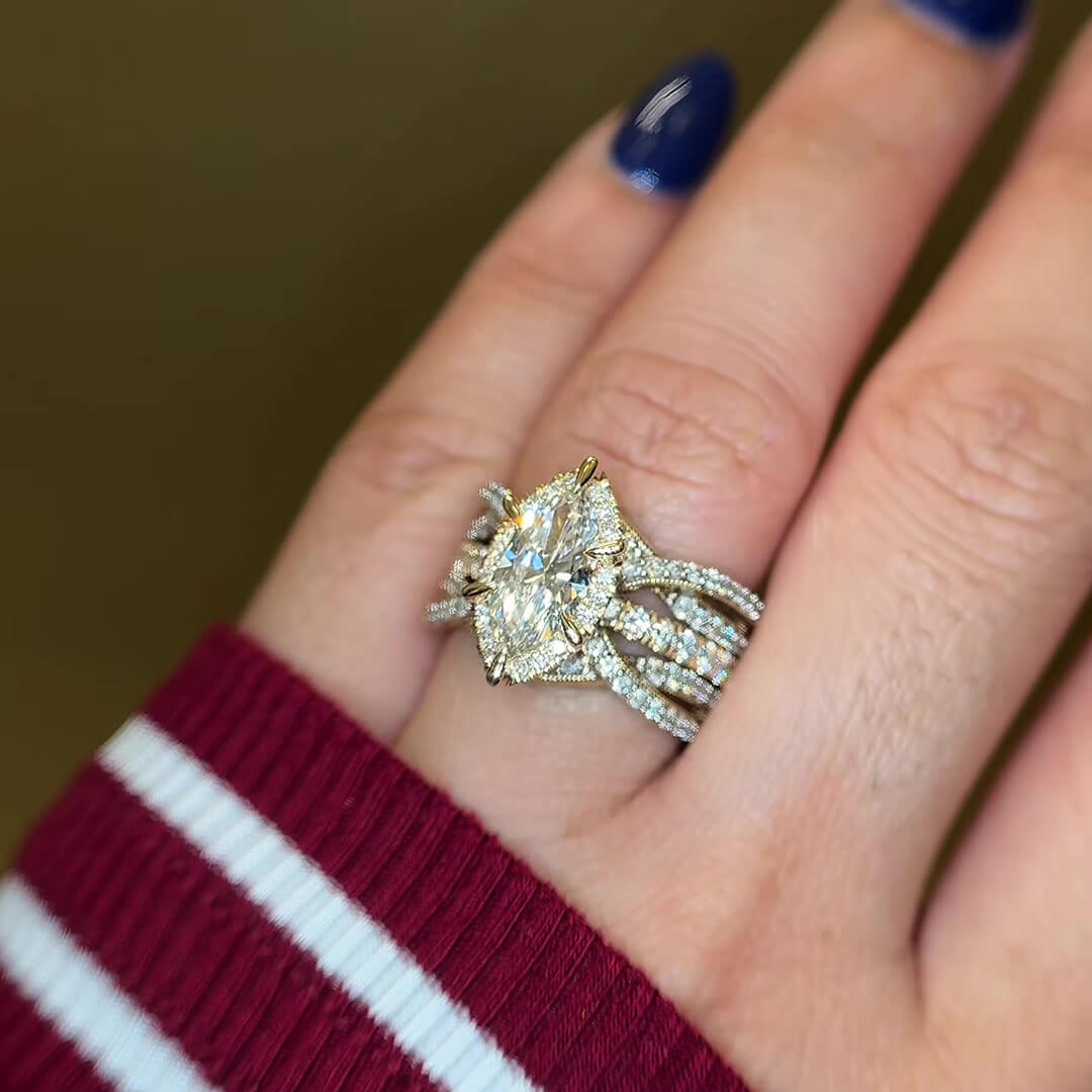 Marquise Cut Diamond White Sterling Silver Yellow Gold Halo Enhancer Bridal Ring Sets