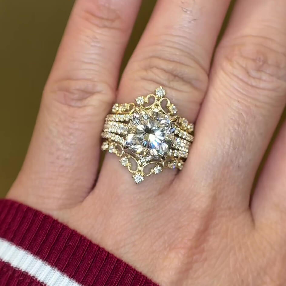 Cushion Cut Diamond White Sterling Silver Yellow Gold Art Deco Enhancer Bridal Ring Sets