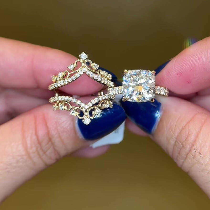 Cushion Cut Diamond White Sterling Silver Yellow Gold Art Deco Enhancer Bridal Ring Sets