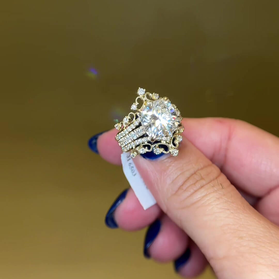 Cushion Cut Diamond White Sterling Silver Yellow Gold Art Deco Enhancer Bridal Ring Sets