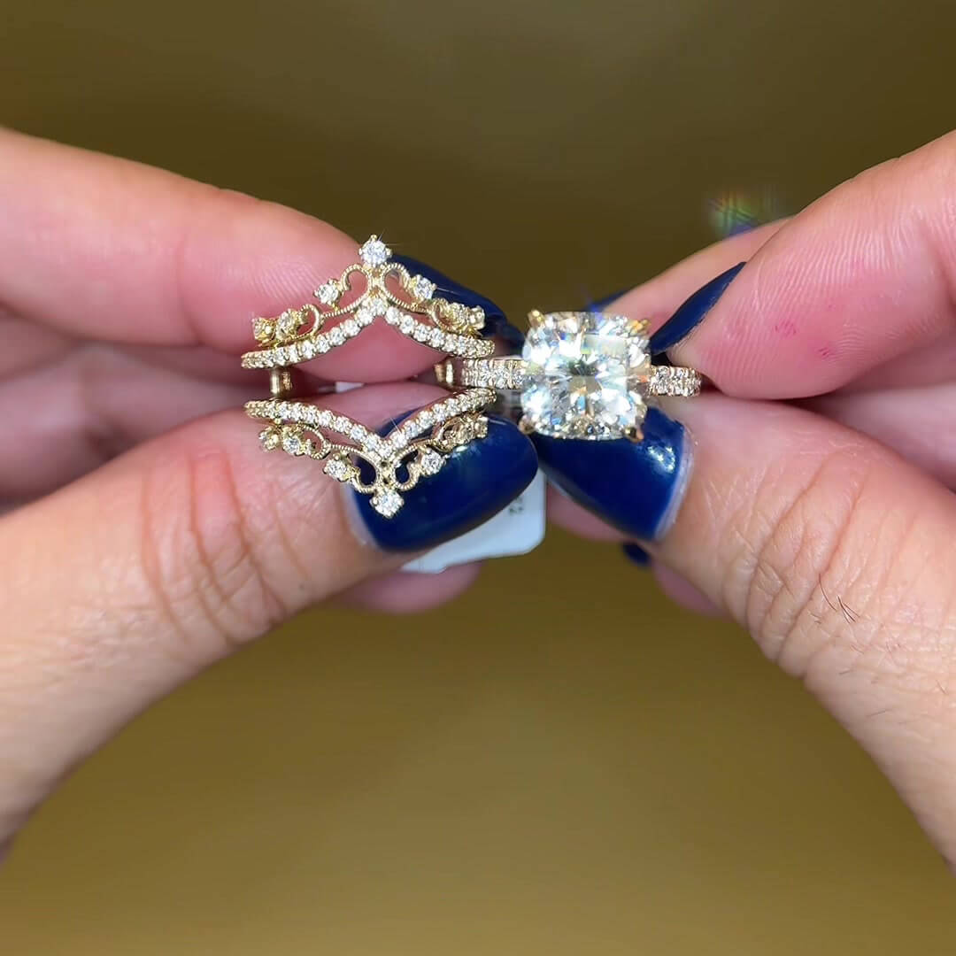 Cushion Cut Diamond White Sterling Silver Yellow Gold Art Deco Enhancer Bridal Ring Sets