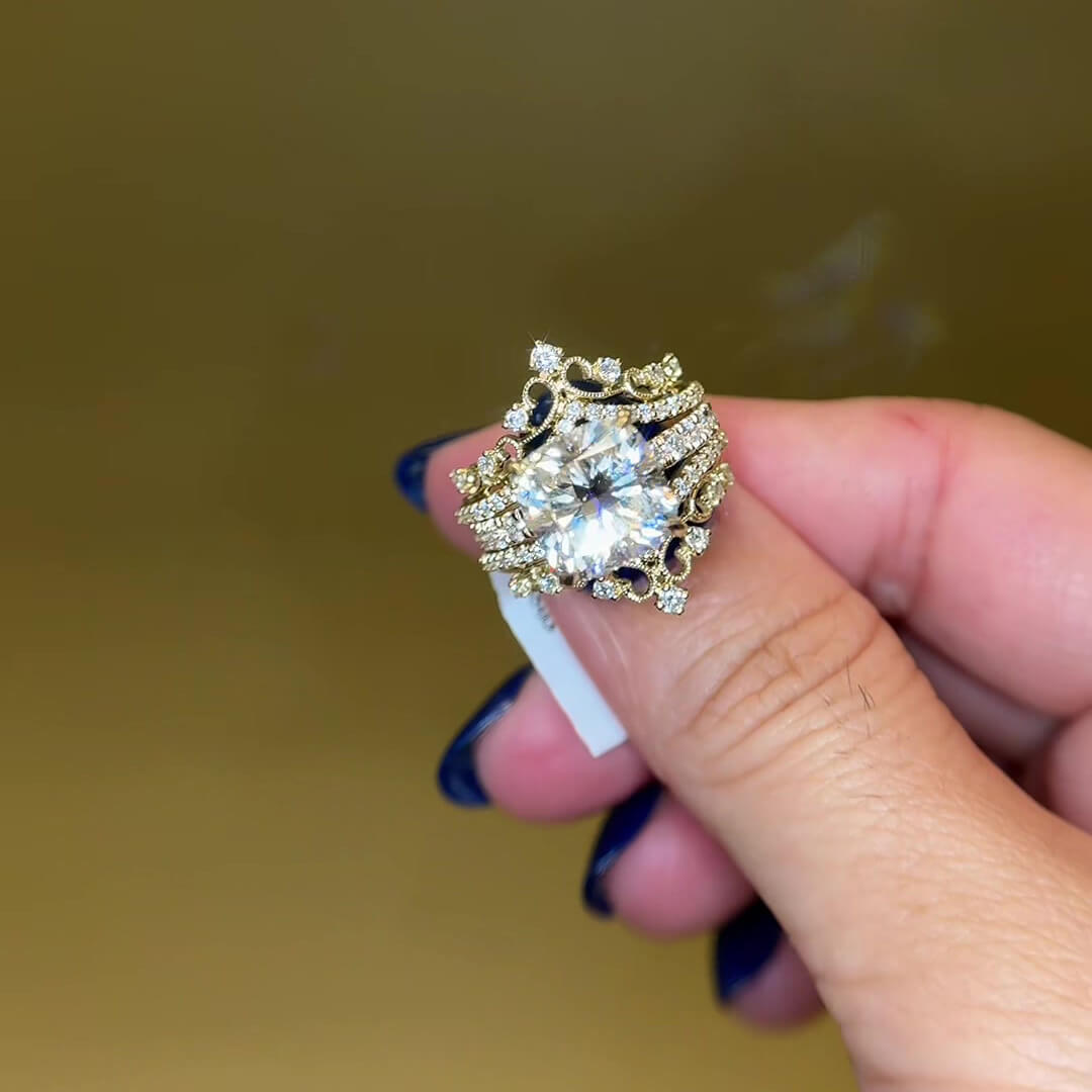 Cushion Cut Diamond White Sterling Silver Yellow Gold Art Deco Enhancer Bridal Ring Sets