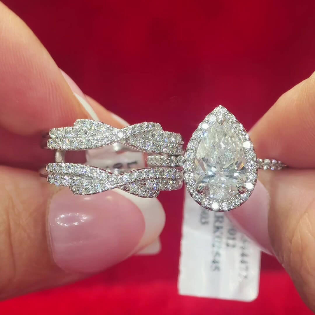 Pear Cut Diamond White Sterling Silver Halo Enhancer Bridal Ring Sets