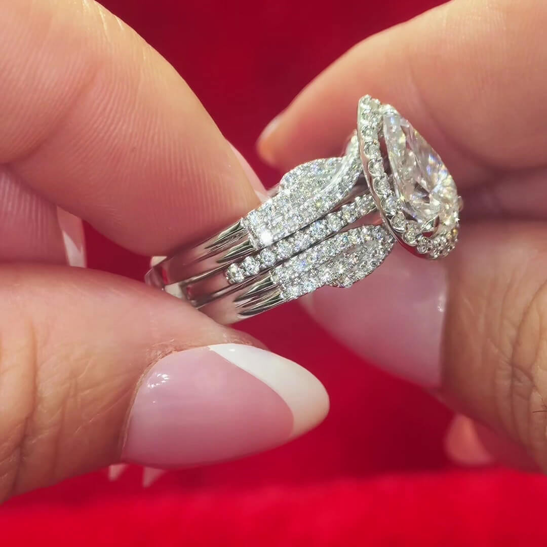 Pear Cut Diamond White Sterling Silver Halo Enhancer Bridal Ring Sets