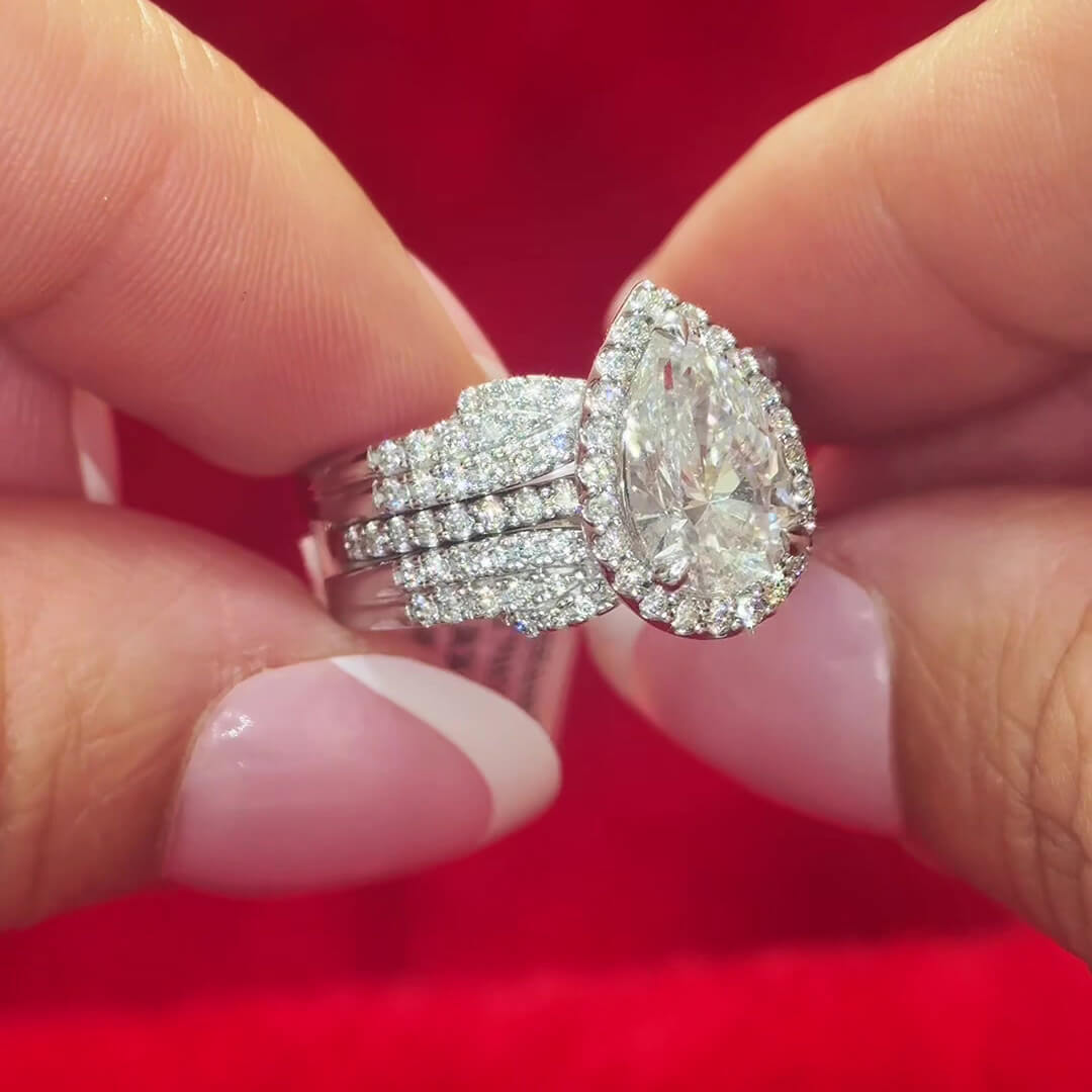 Pear Cut Diamond White Sterling Silver Halo Enhancer Bridal Ring Sets