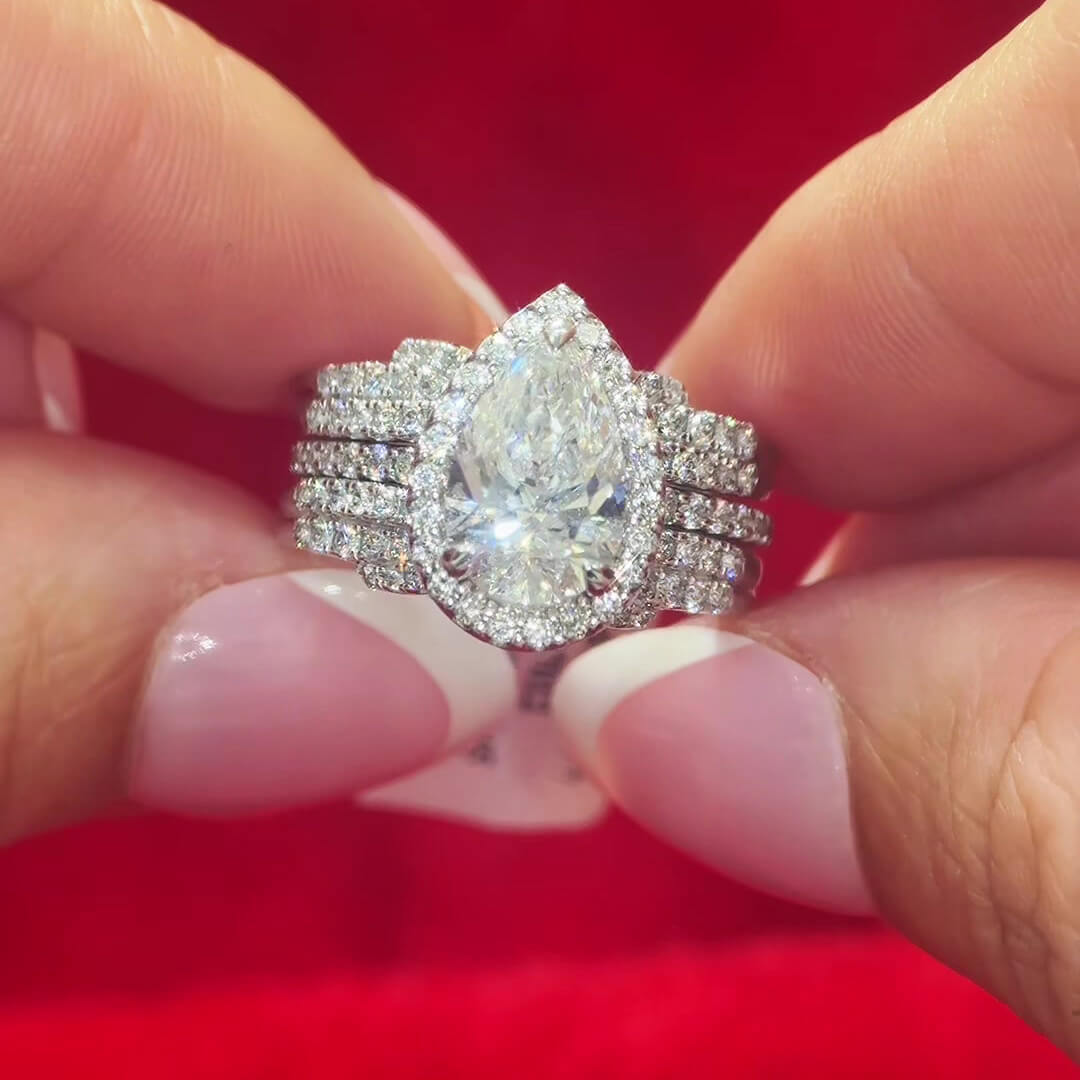 Pear Cut Diamond White Sterling Silver Halo Enhancer Bridal Ring Sets